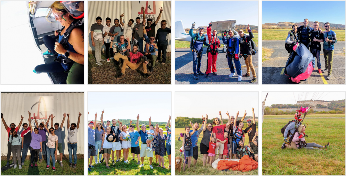 Collage of tandem skydivers and instructors at Skydive St Louis near Chicago
